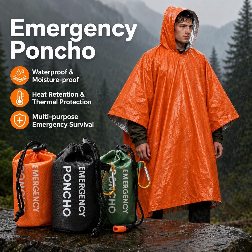 Camping Rain Poncho - ชุดเสื้อกันฝนฉุกเฉินแบบพกพา เสื้อกันฝนมีฮู้ดกันน้ำ พร้อมกระเป๋า นกหวีด และคาราบิเนอร์ สำหรับตั้งแคมป์และเดินป่า